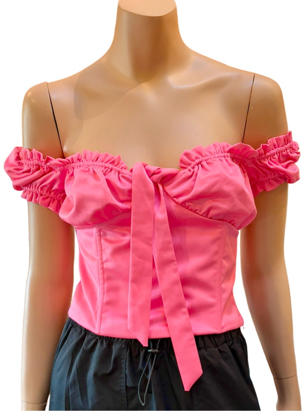 I.AM.GIA Naomi Corset Top Neon Pink Satin Off Shoulder Bow Size M